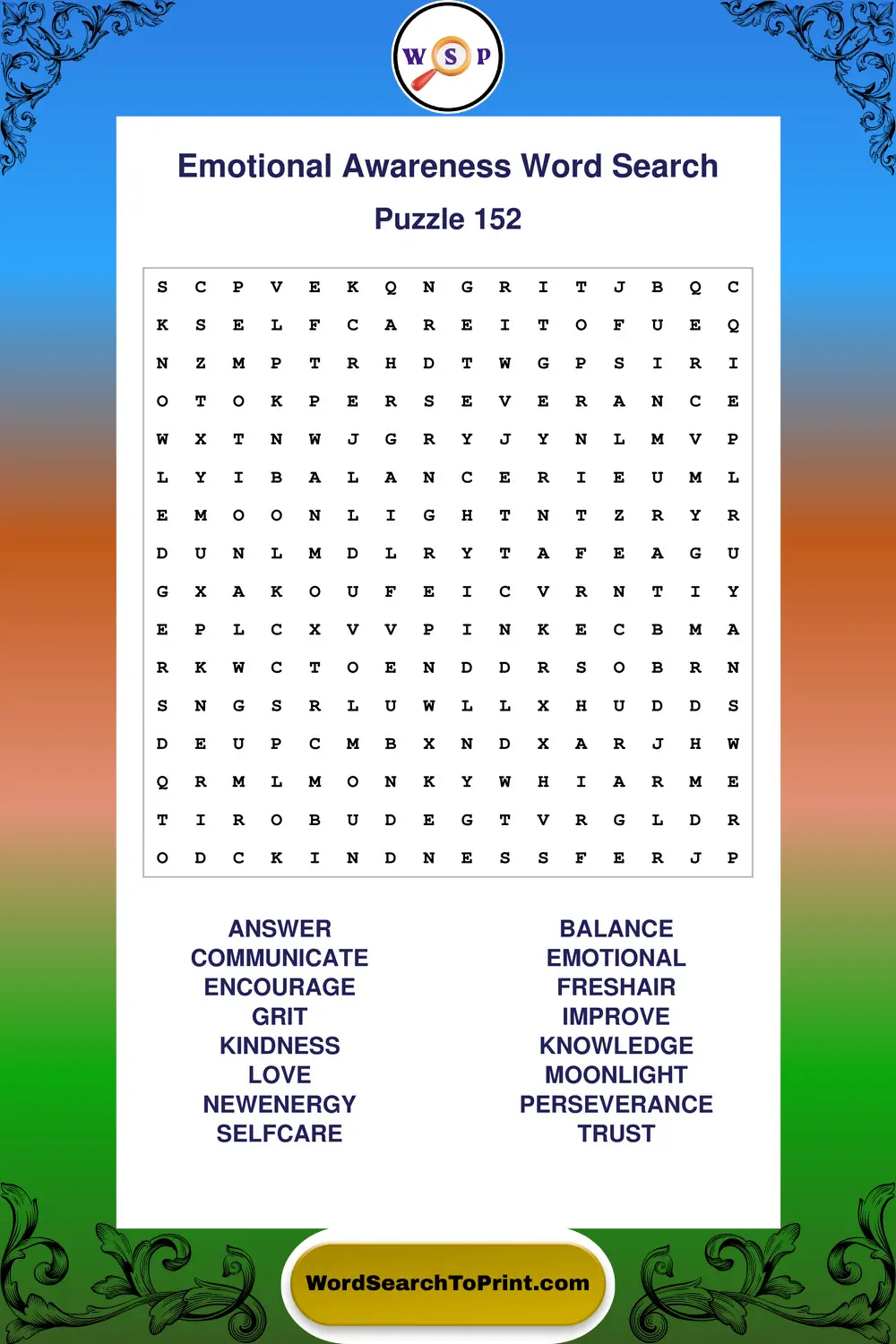 Emotional Awareness Word Search Puzzle 152