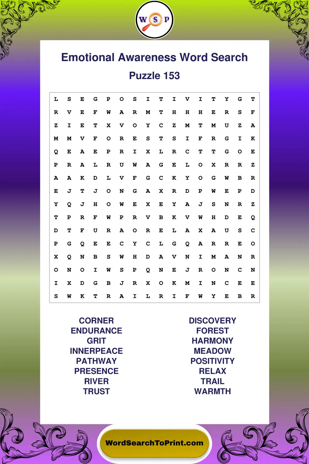 Emotional Awareness Word Search Puzzle 153