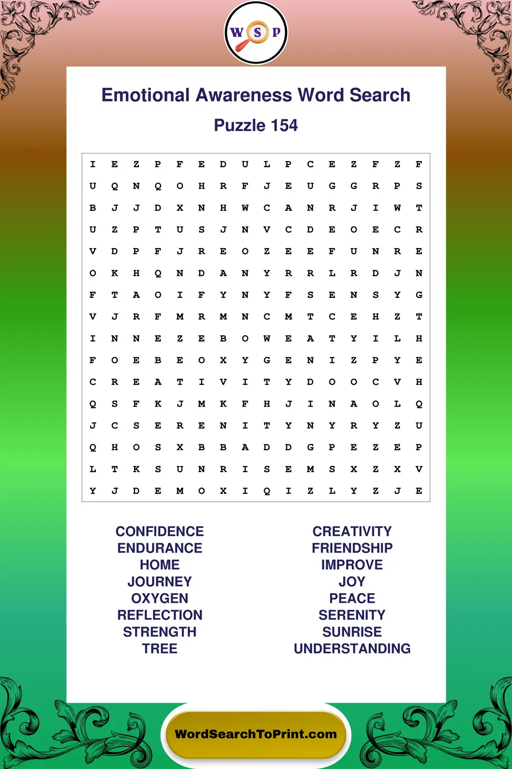 Emotional Awareness Word Search Puzzle 154