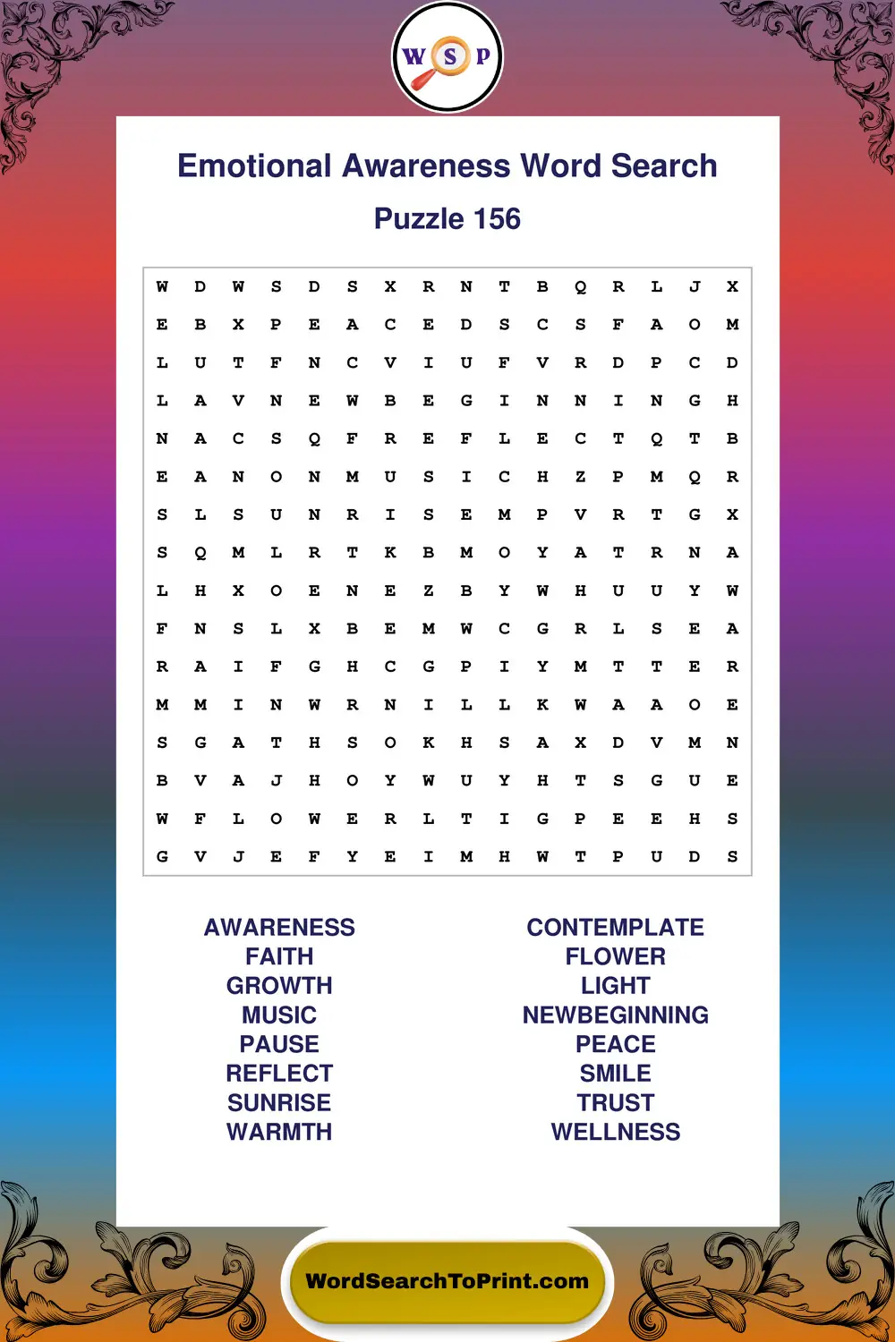 Emotional Awareness Word Search Puzzle 156
