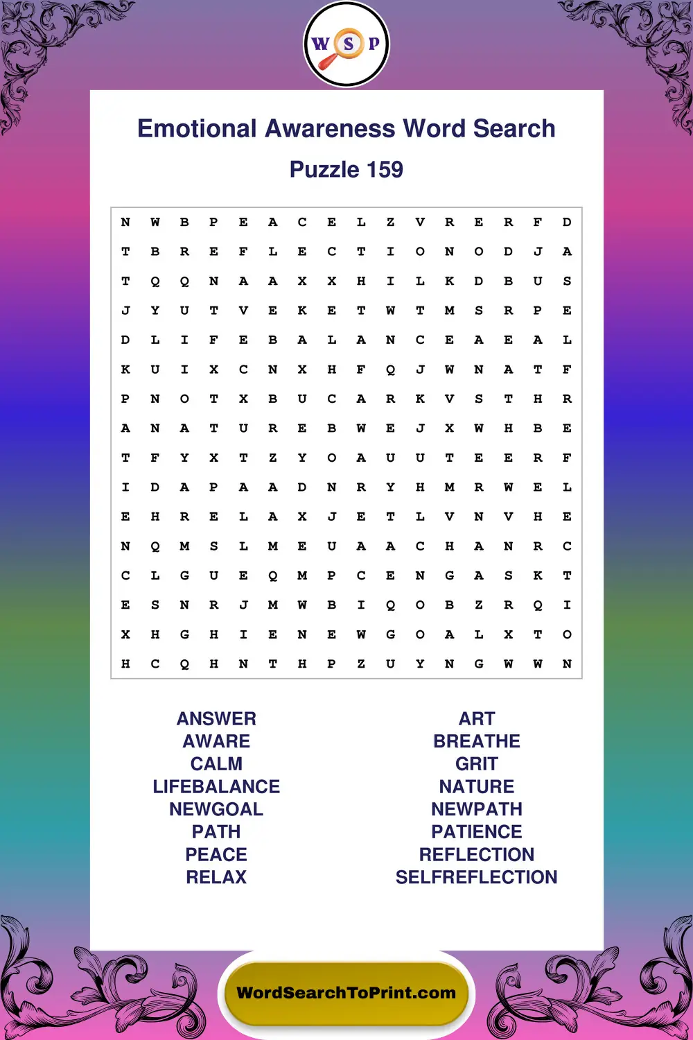 Emotional Awareness Word Search Puzzle 159