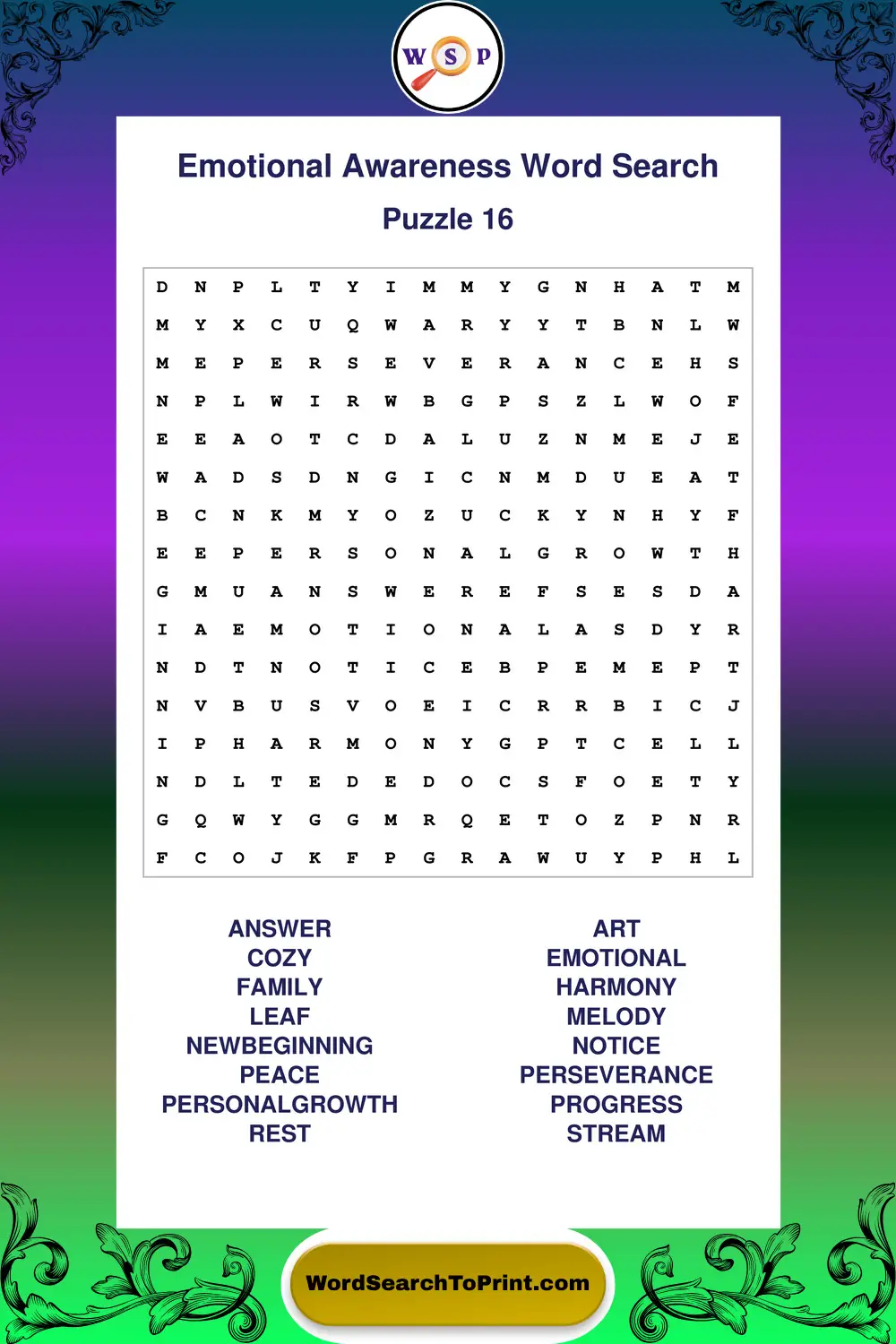 Emotional Awareness Word Search Puzzle 16