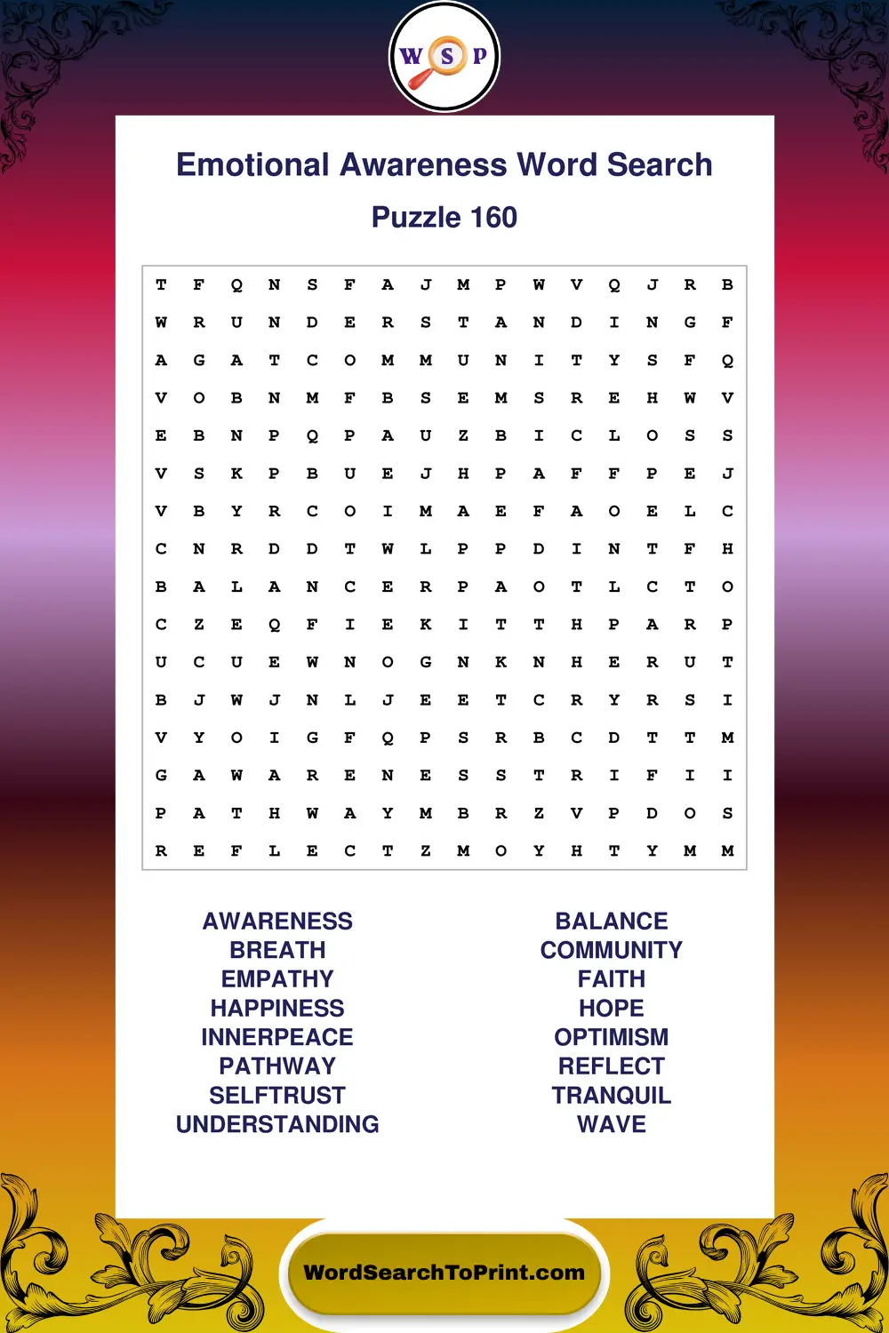 Emotional Awareness Word Search Puzzle 160