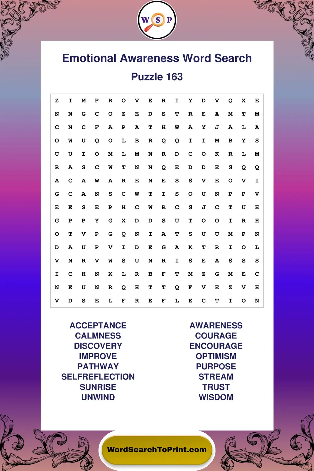 Emotional Awareness Word Search Puzzle 163
