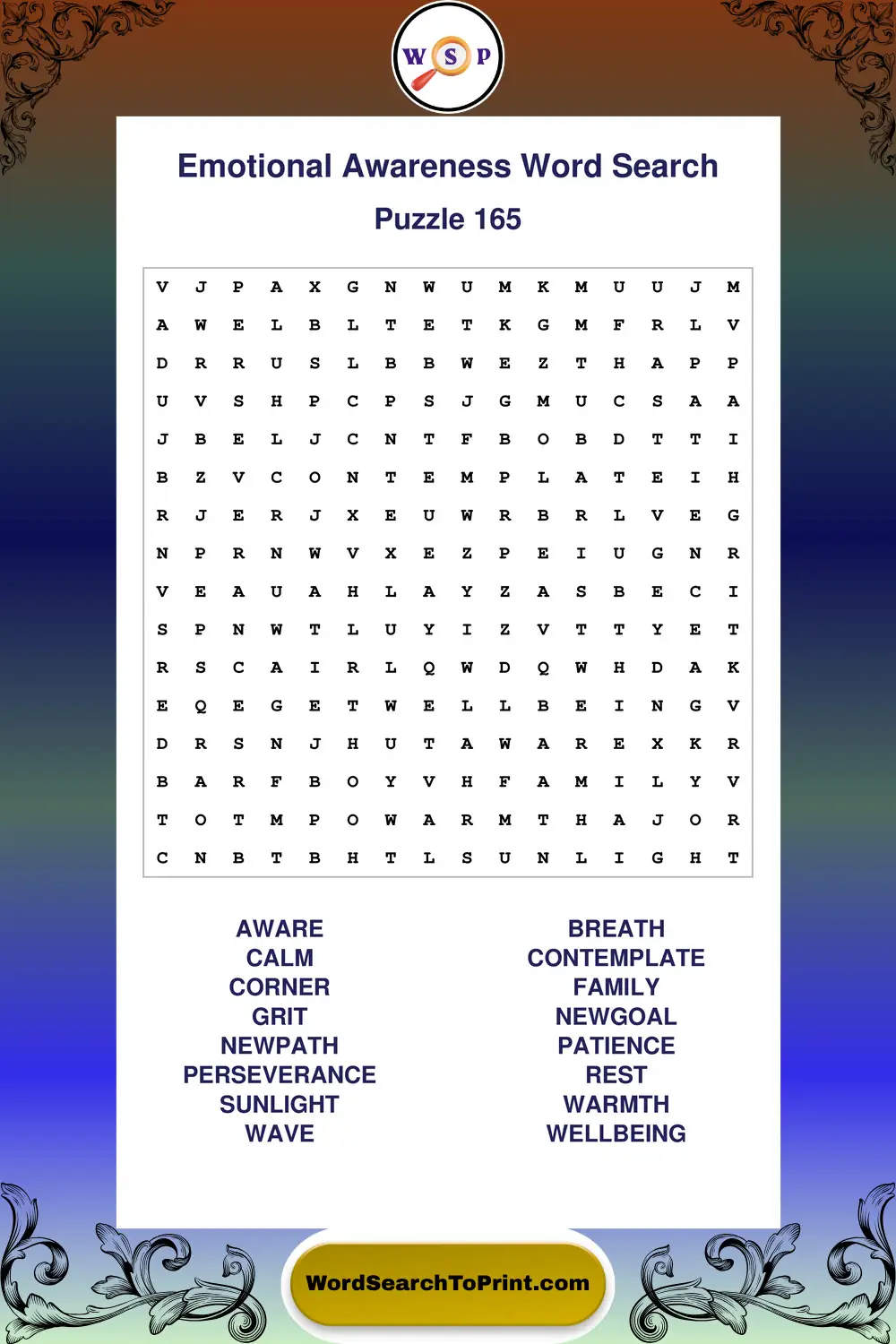 Emotional Awareness Word Search Puzzle 165