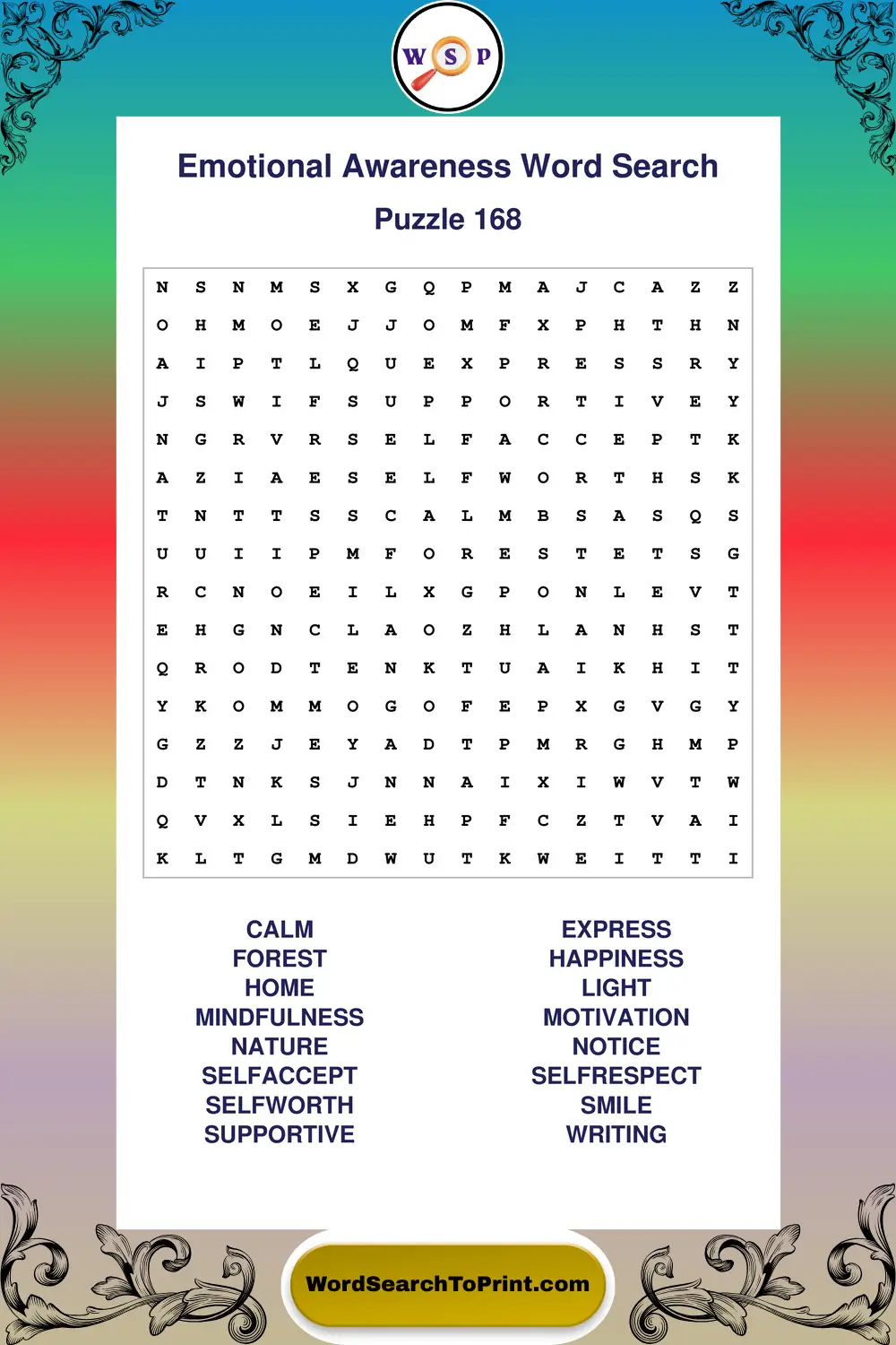 Emotional Awareness Word Search Puzzle 168