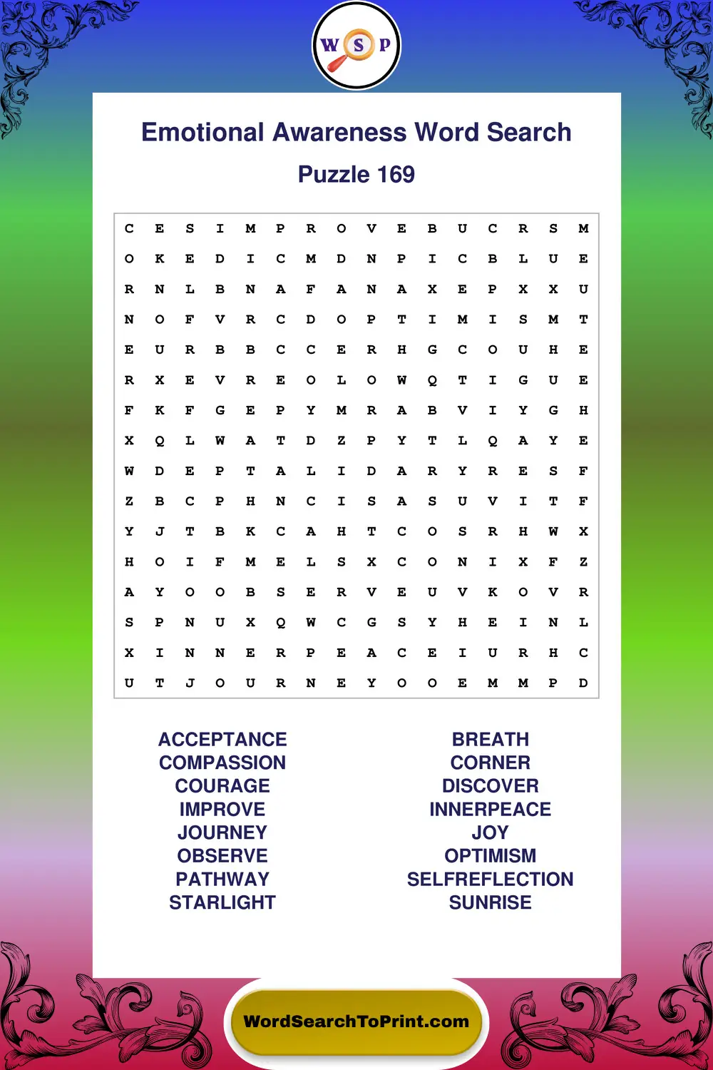 Emotional Awareness Word Search Puzzle 169