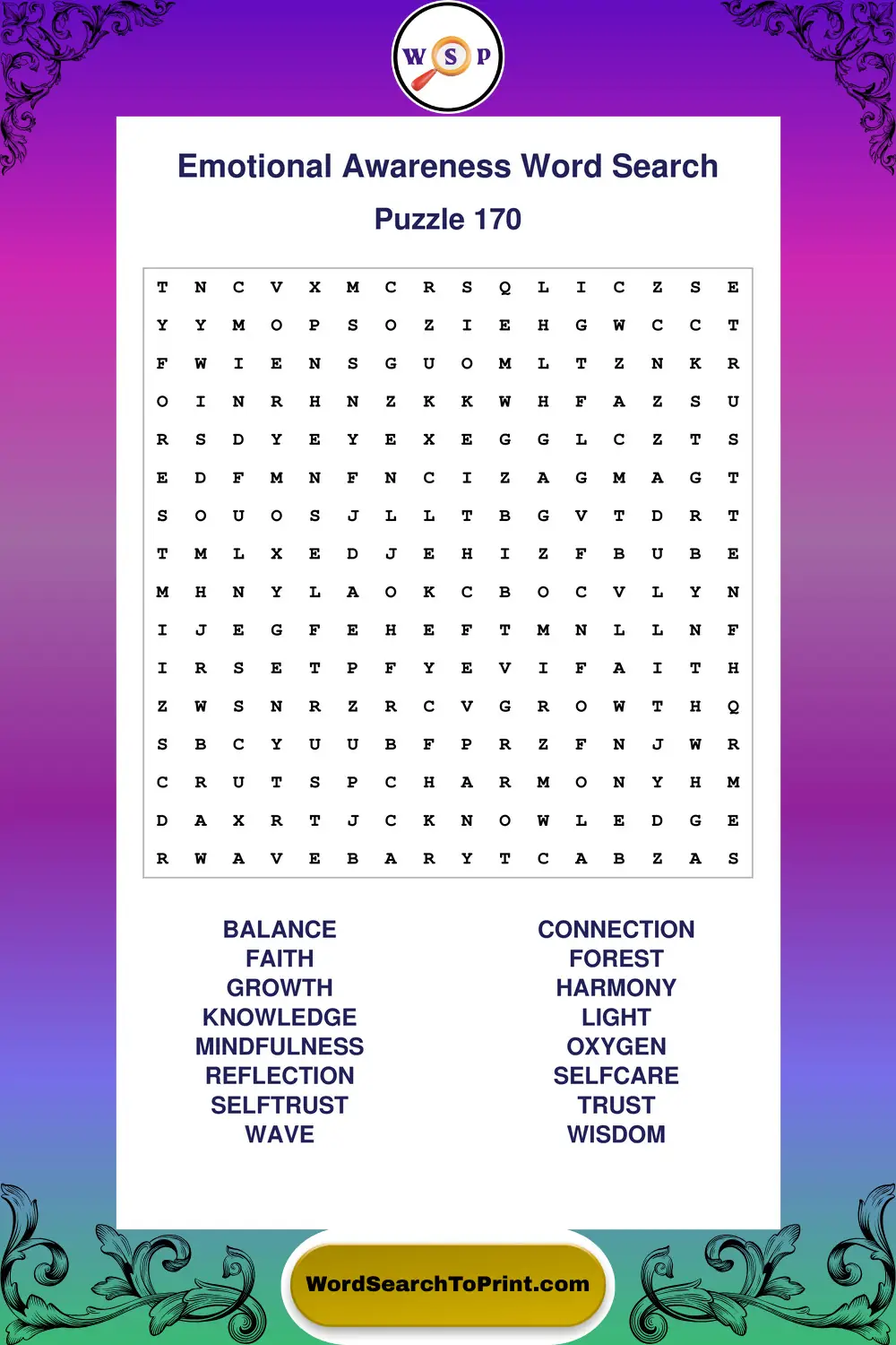 Emotional Awareness Word Search Puzzle 170