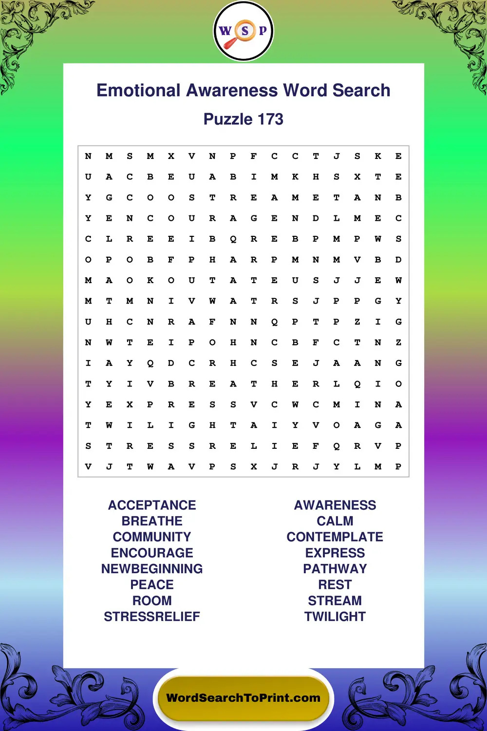 Emotional Awareness Word Search Puzzle 173
