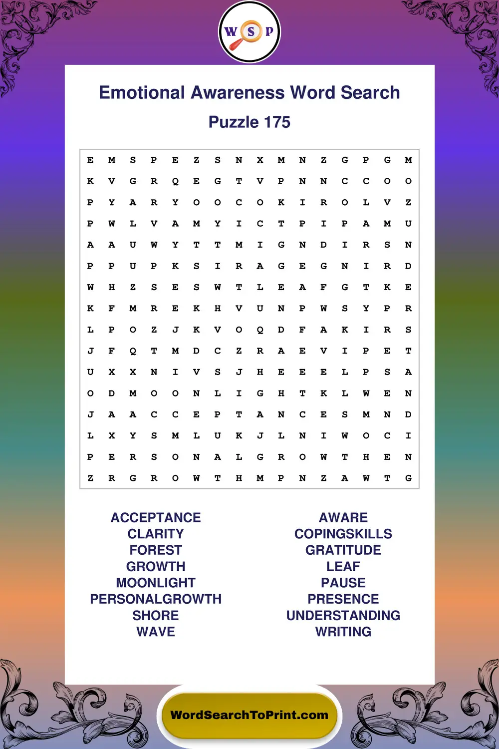 Emotional Awareness Word Search Puzzle 175