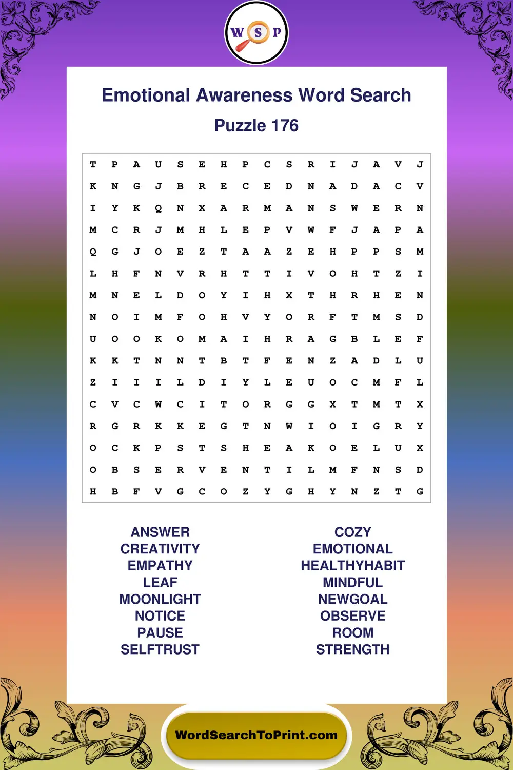 Emotional Awareness Word Search Puzzle 176