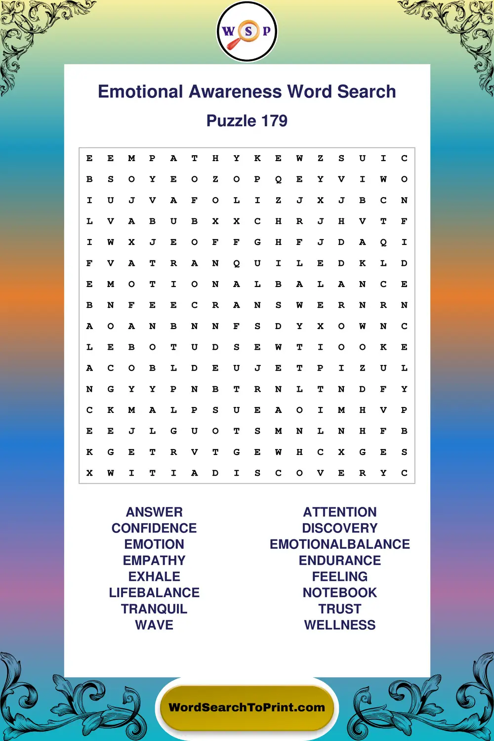 Emotional Awareness Word Search Puzzle 179