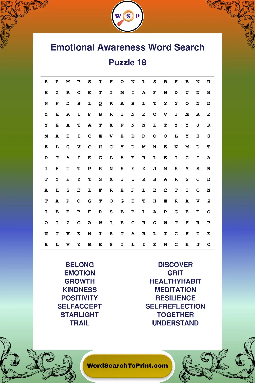 Emotional Awareness Word Search Puzzle 18