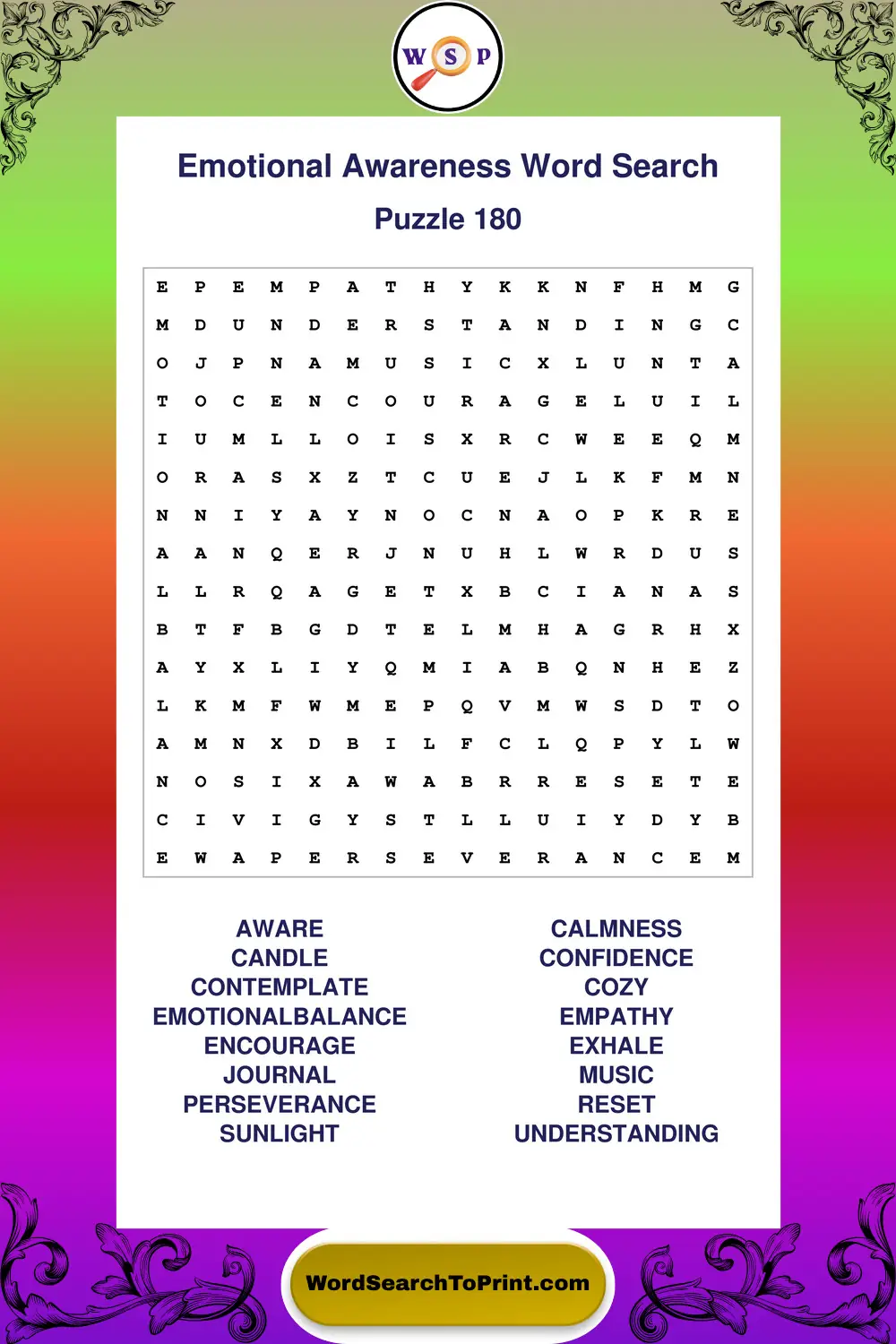 Emotional Awareness Word Search Puzzle 180