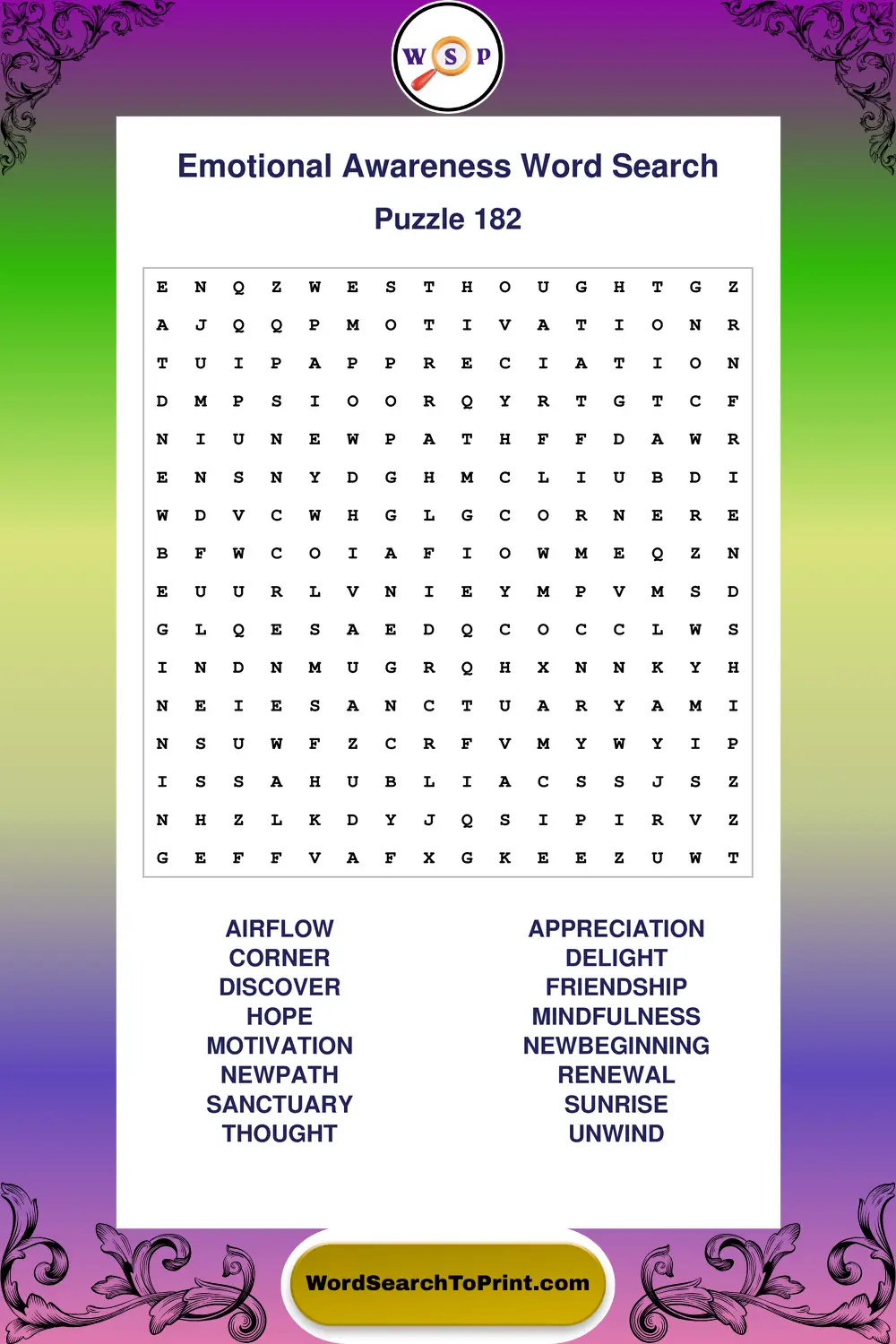 Emotional Awareness Word Search Puzzle 182