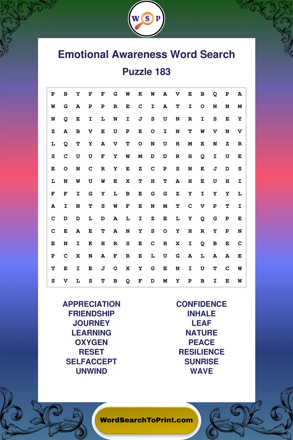 Emotional Awareness Word Search Puzzle 183