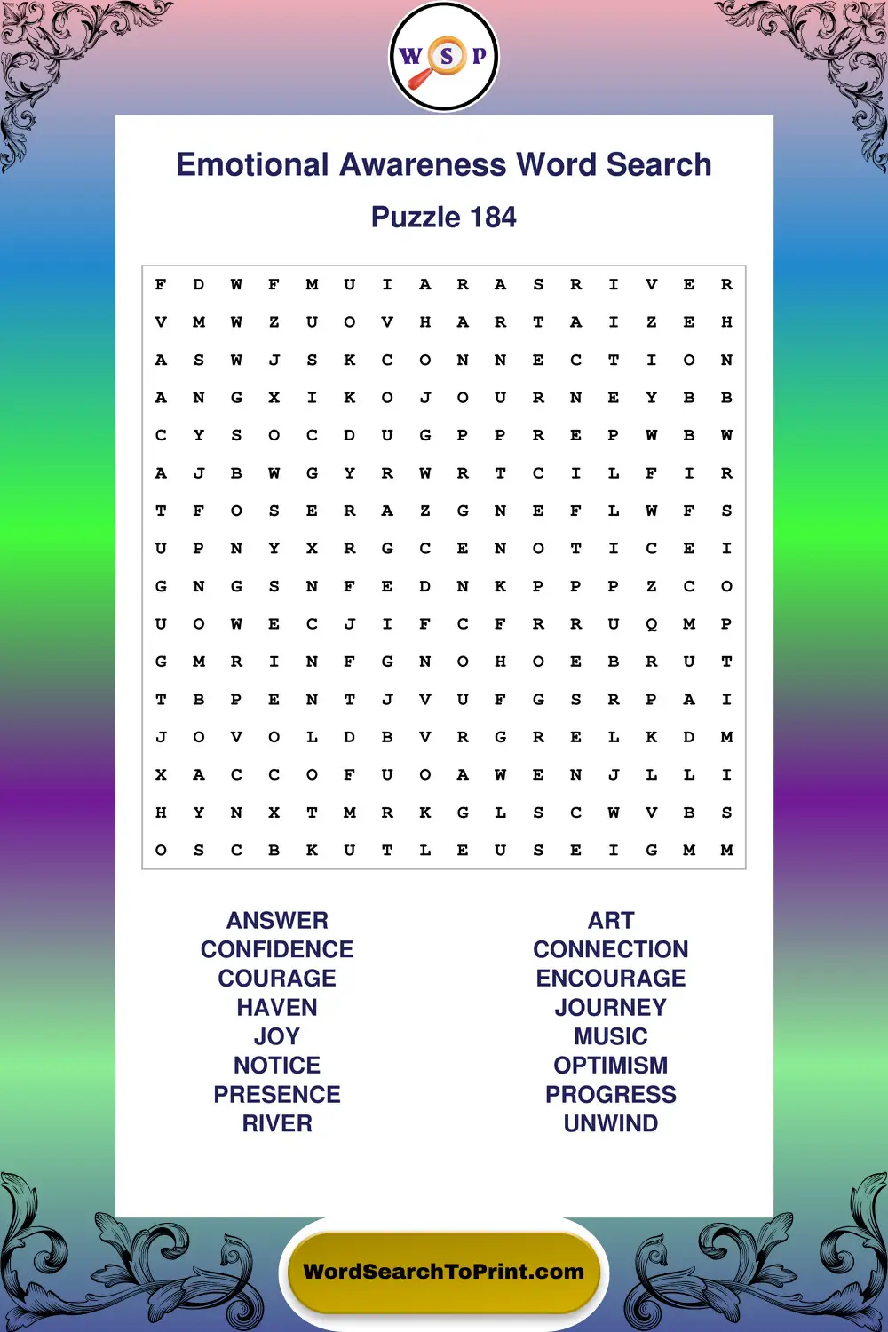 Emotional Awareness Word Search Puzzle 184
