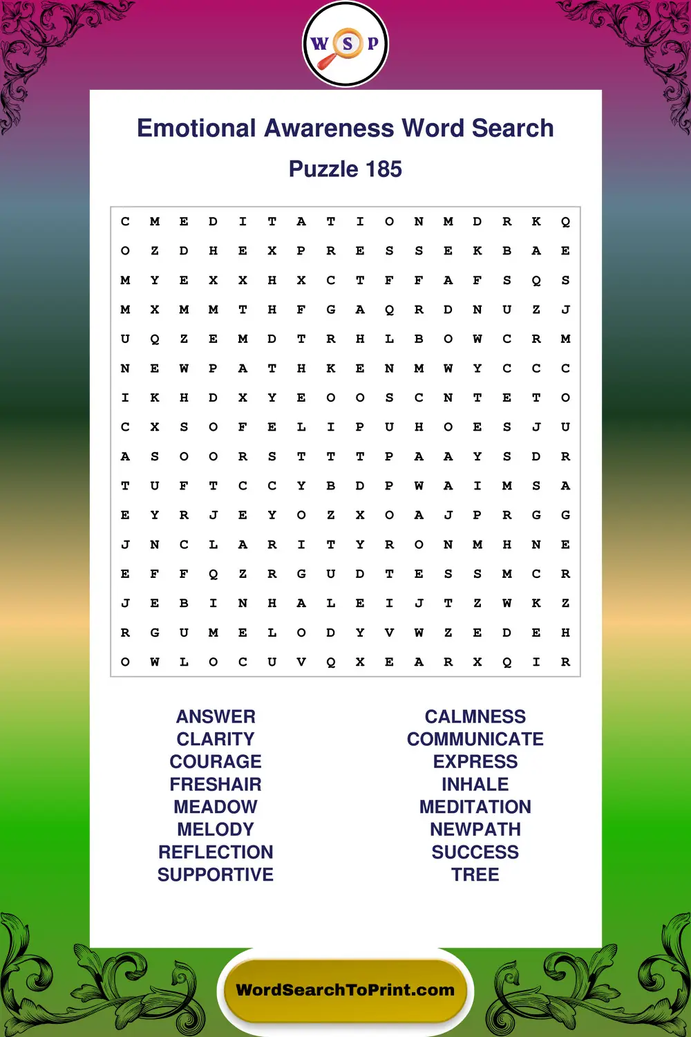 Emotional Awareness Word Search Puzzle 185