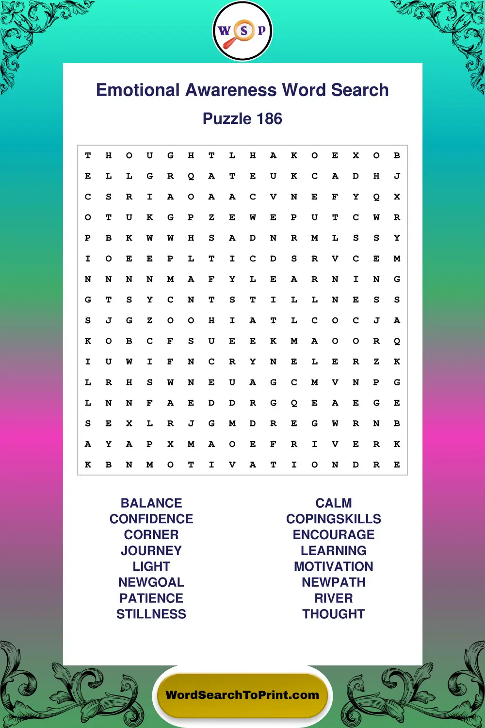 Emotional Awareness Word Search Puzzle 186