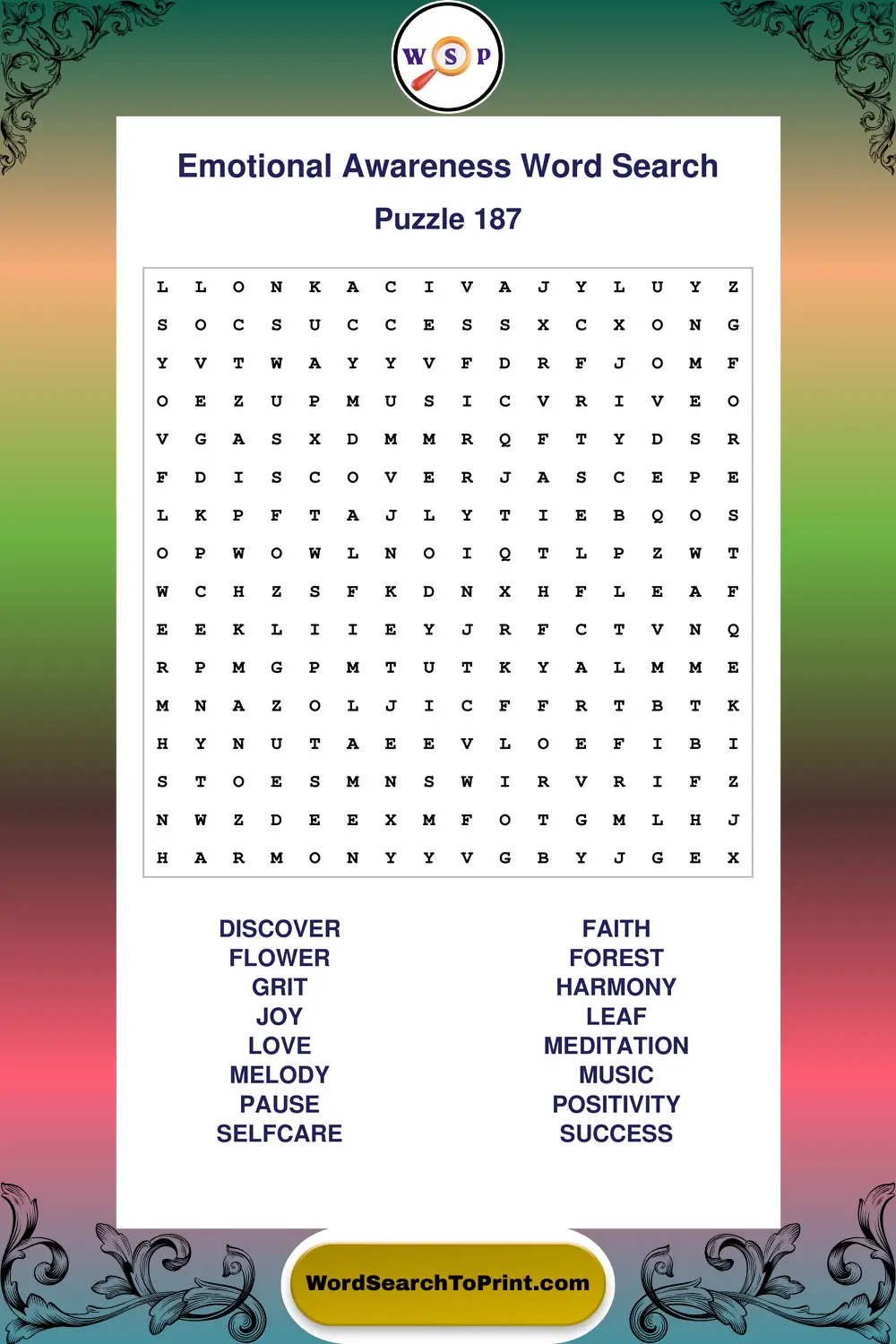 Emotional Awareness Word Search Puzzle 187