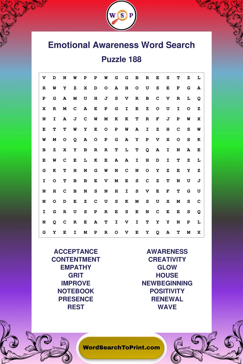 Emotional Awareness Word Search Puzzle 188