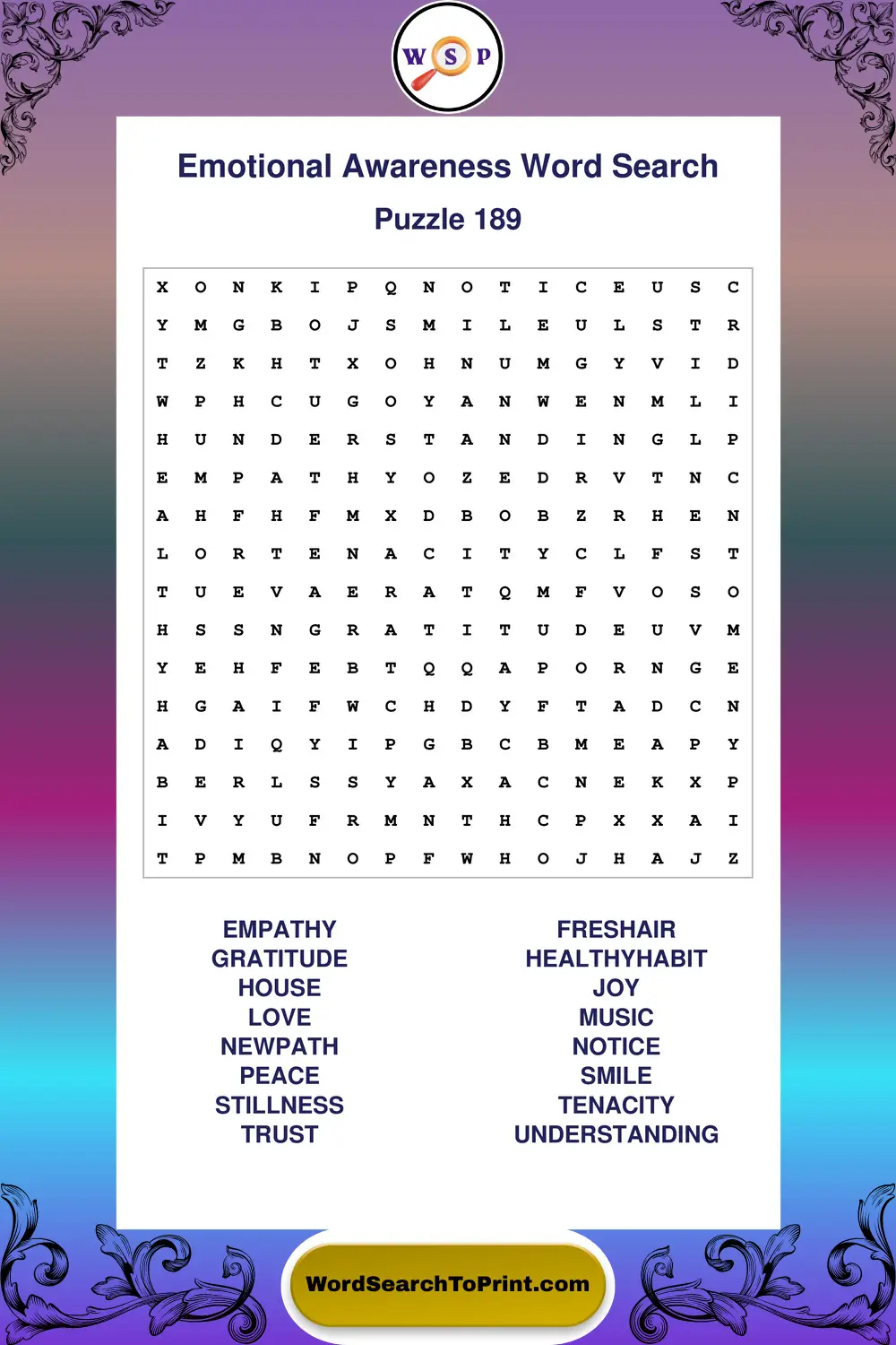 Emotional Awareness Word Search Puzzle 189