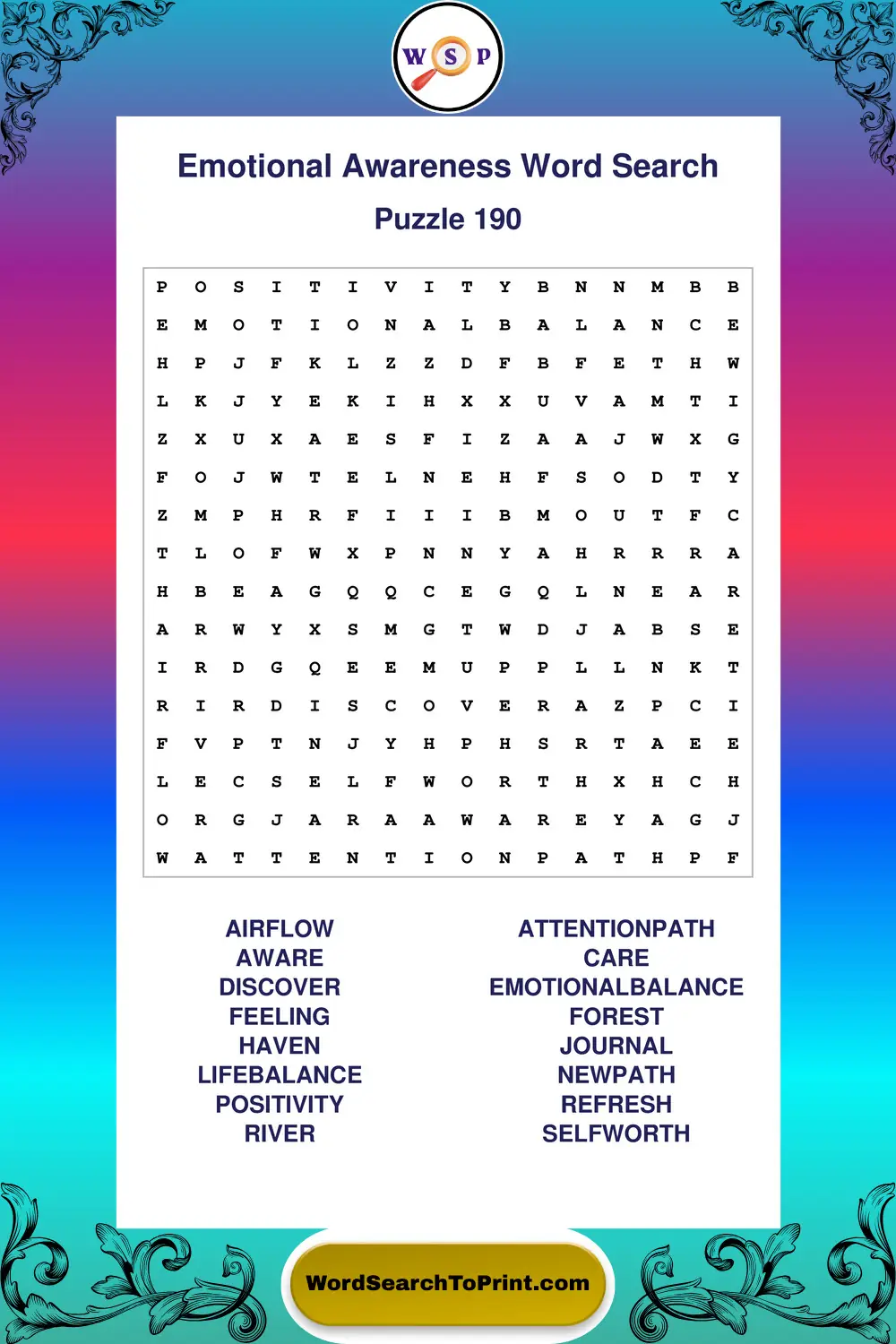 Emotional Awareness Word Search Puzzle 190