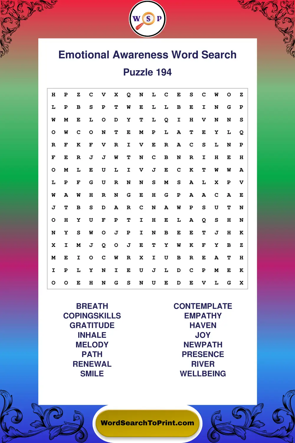 Emotional Awareness Word Search Puzzle 194