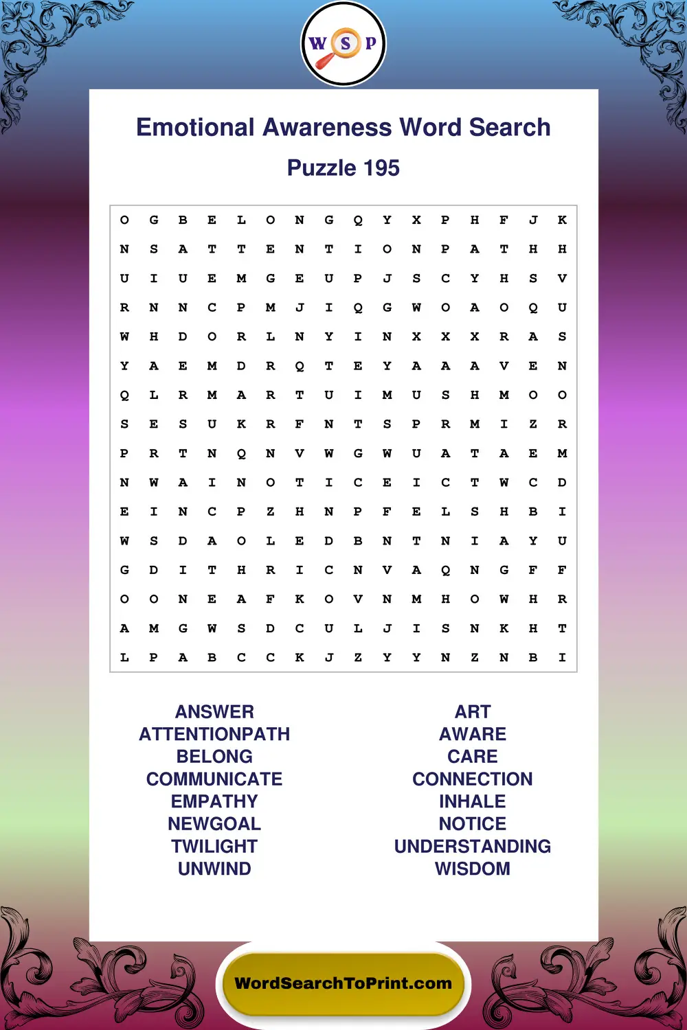 Emotional Awareness Word Search Puzzle 195