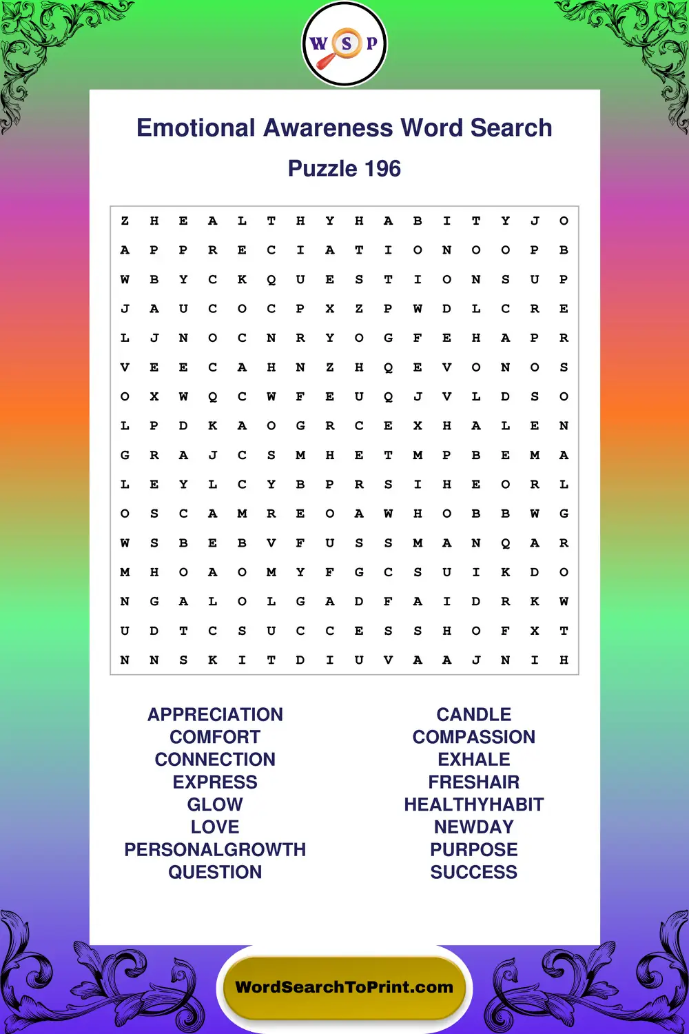 Emotional Awareness Word Search Puzzle 196