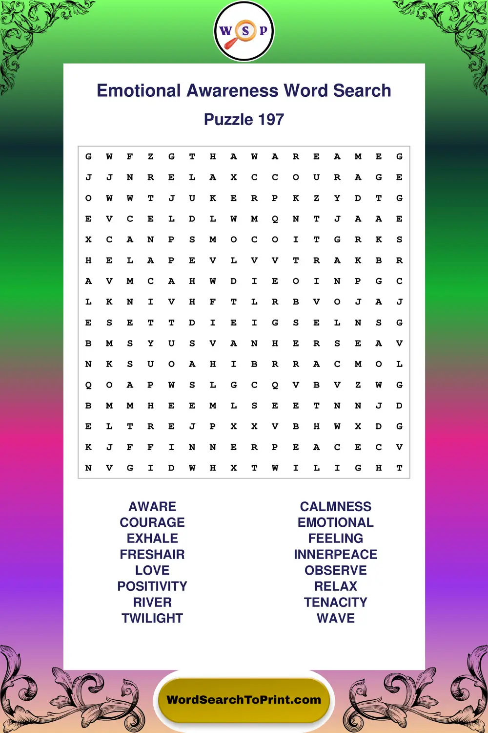 Emotional Awareness Word Search Puzzle 197