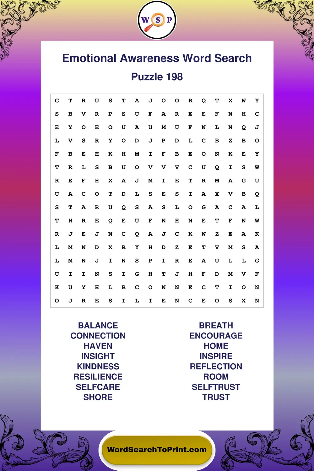 Emotional Awareness Word Search Puzzle 198