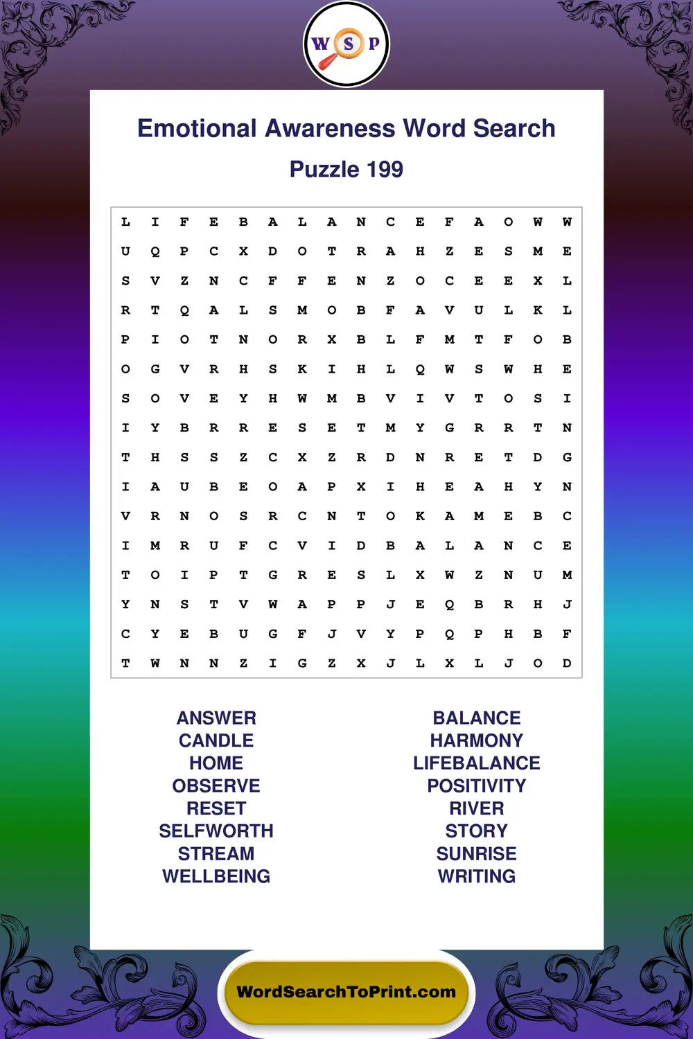 Emotional Awareness Word Search Puzzle 199