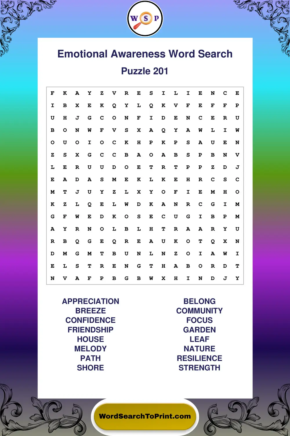 Emotional Awareness Word Search Puzzle 201