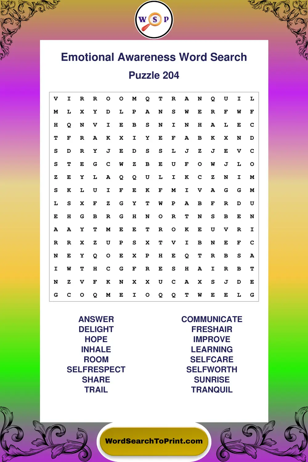 Emotional Awareness Word Search Puzzle 204