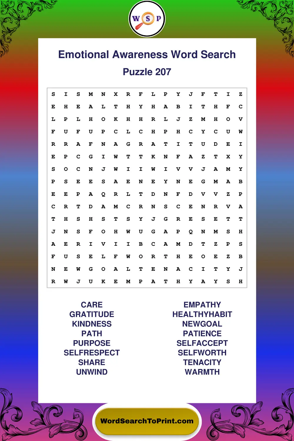 Emotional Awareness Word Search Puzzle 207
