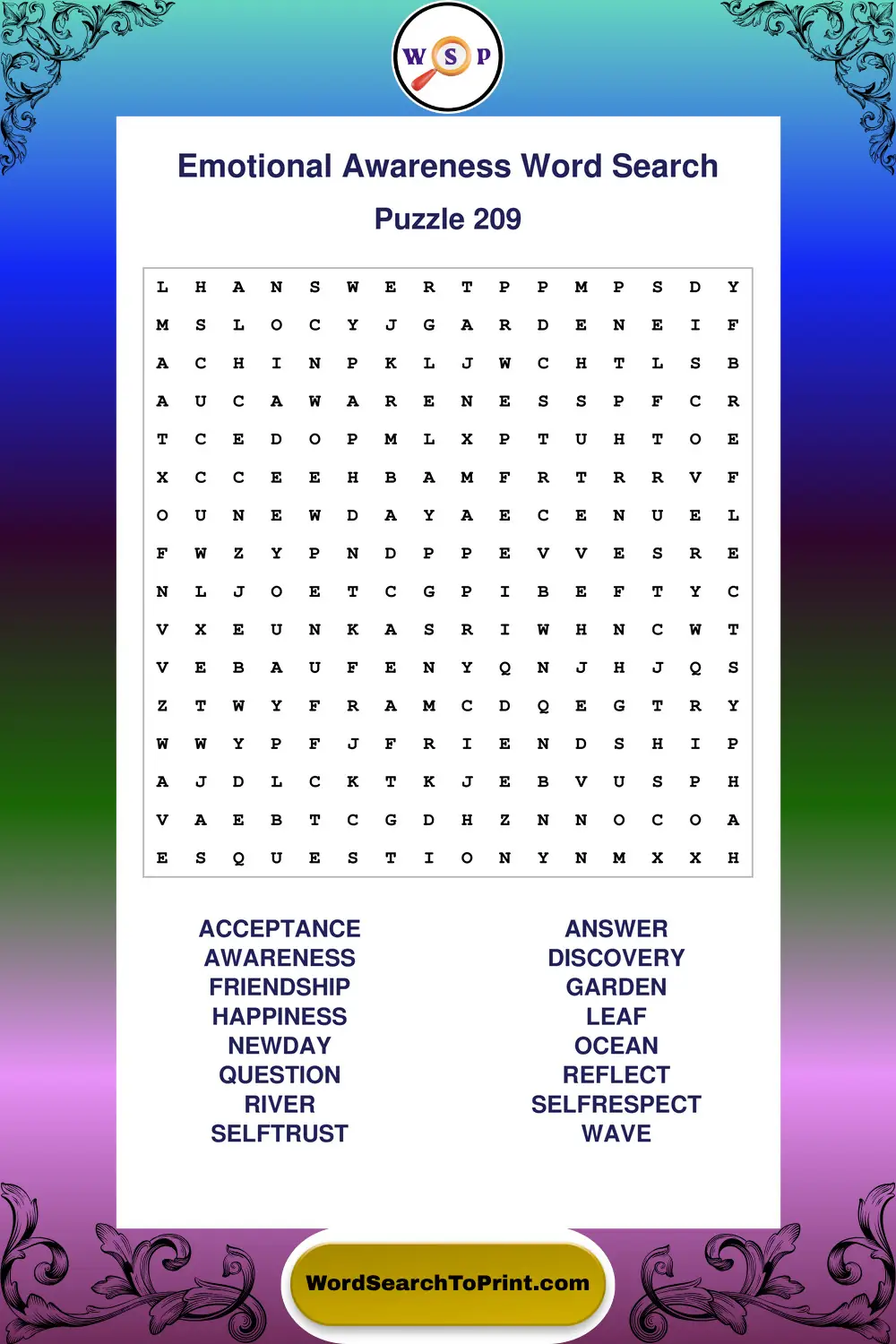 Emotional Awareness Word Search Puzzle 209