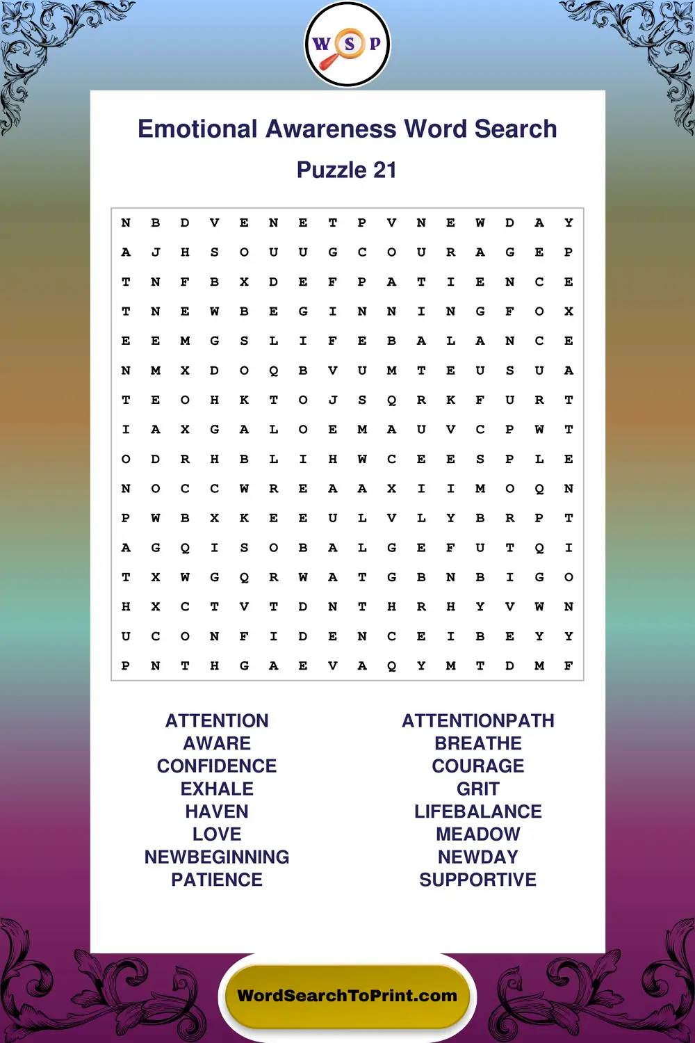 Emotional Awareness Word Search Puzzle 21