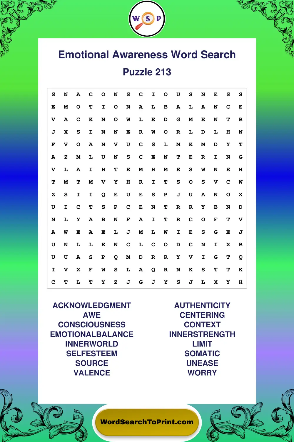 Emotional Awareness Word Search Puzzle 213