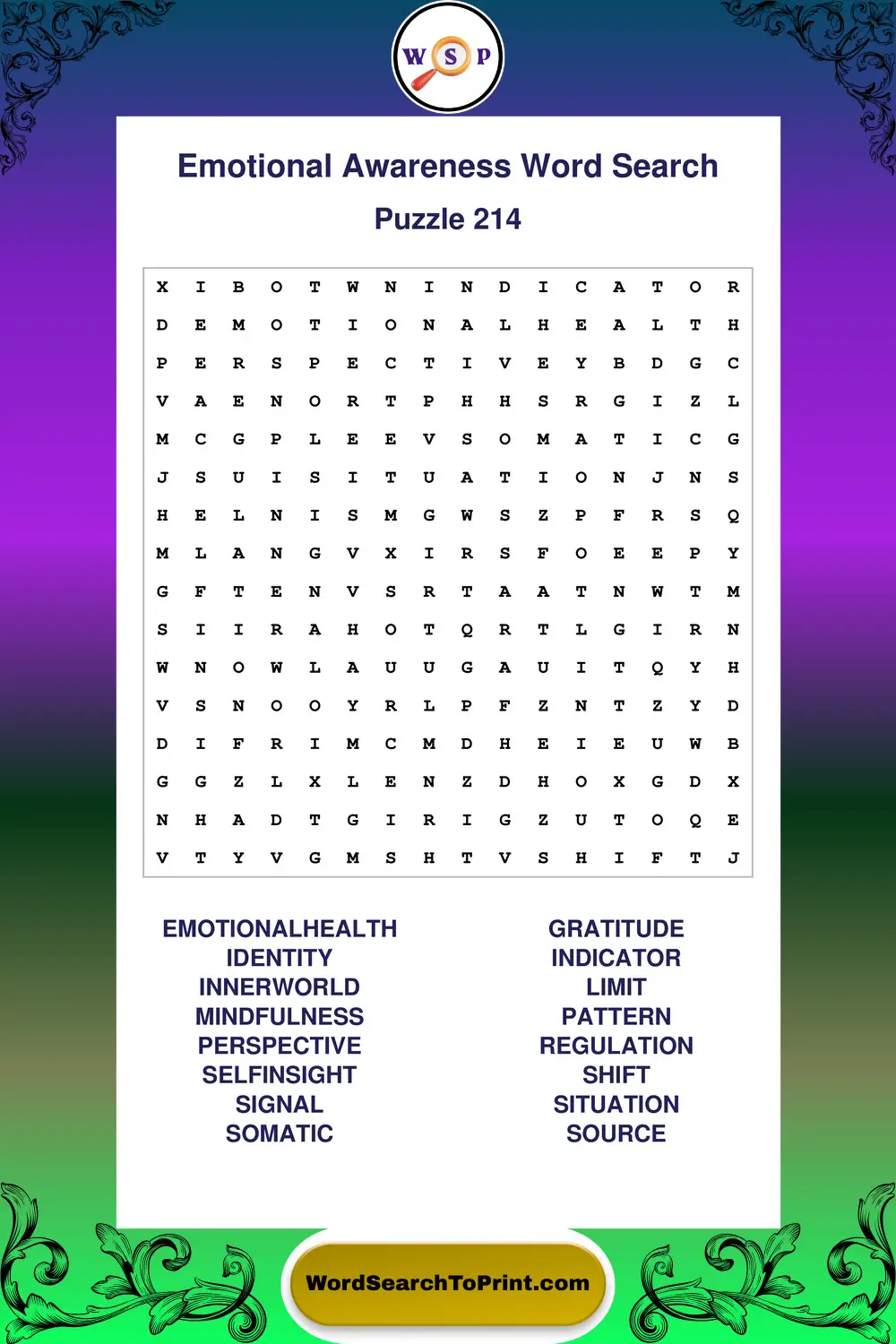 Emotional Awareness Word Search Puzzle 214