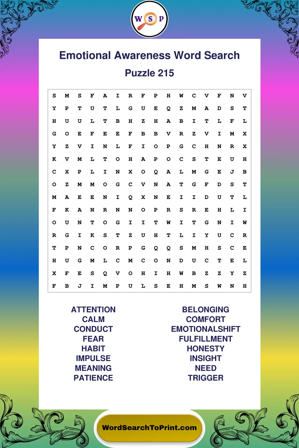 Emotional Awareness Word Search Puzzle 215