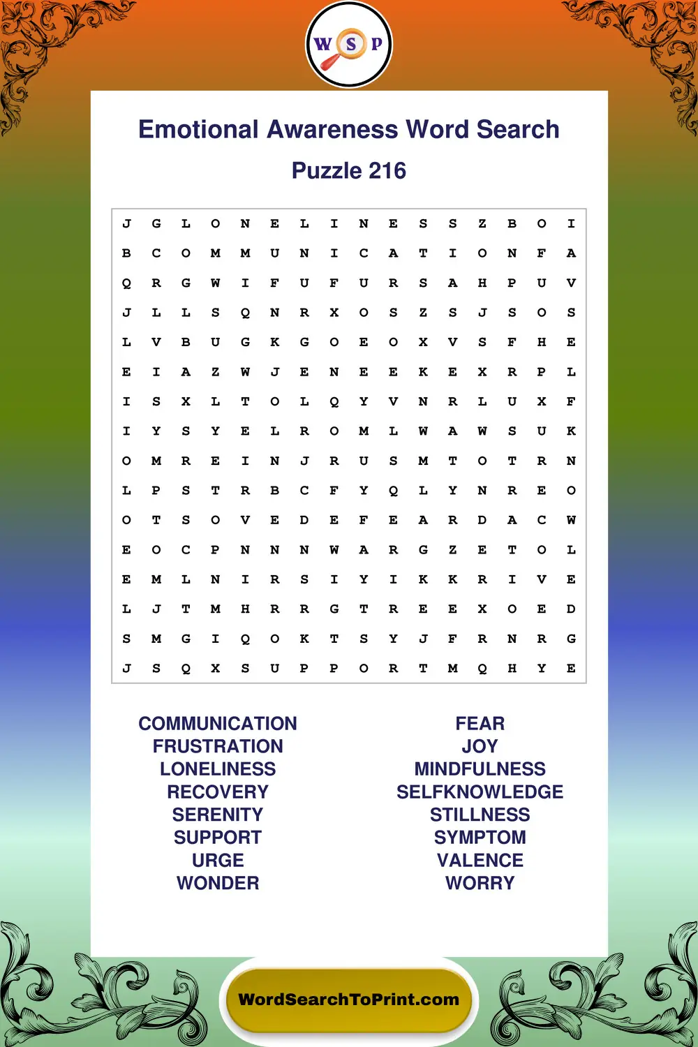 Emotional Awareness Word Search Puzzle 216