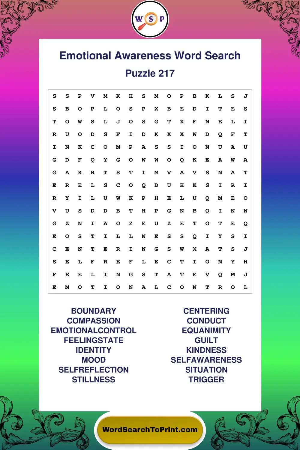 Emotional Awareness Word Search Puzzle 217