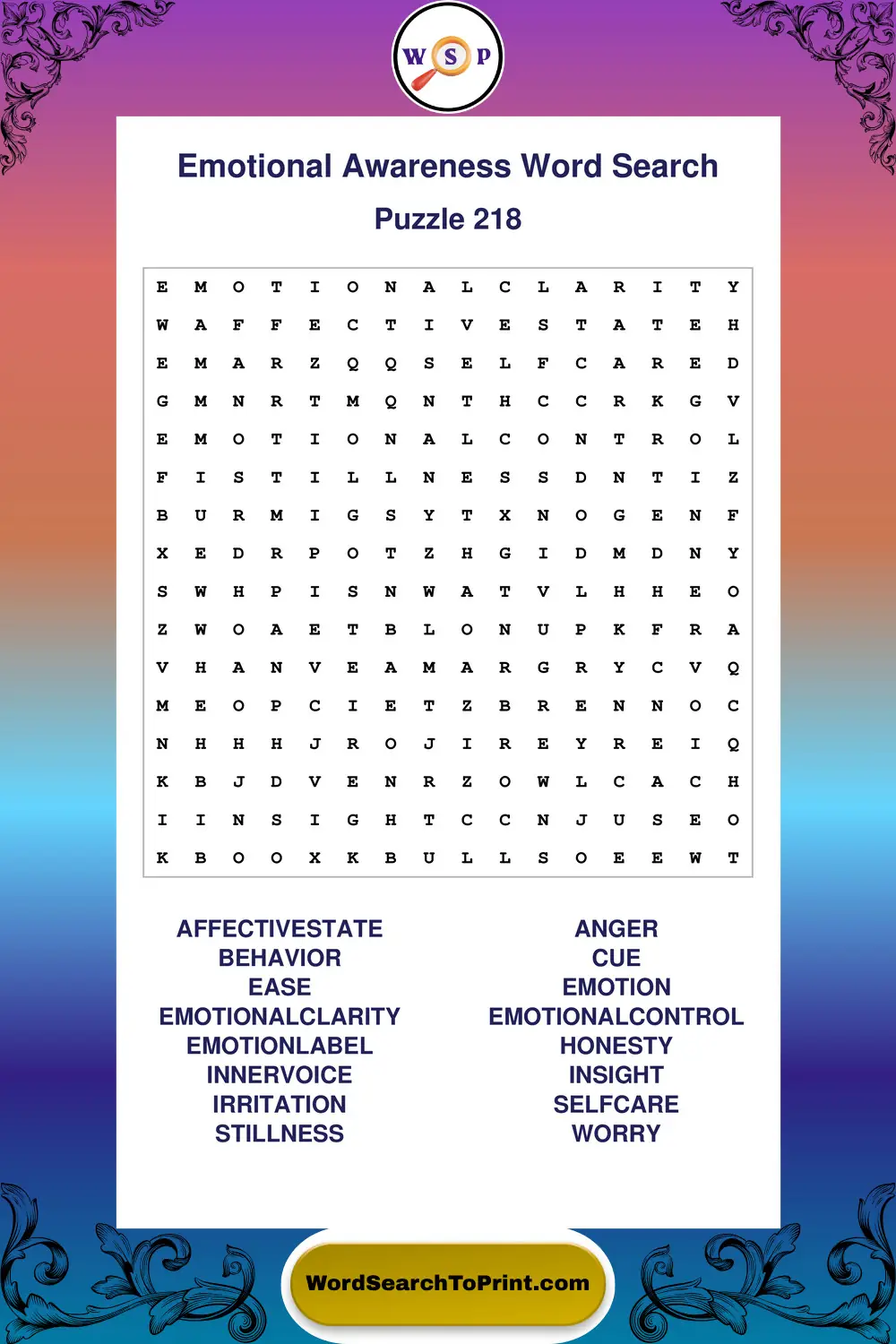 Emotional Awareness Word Search Puzzle 218