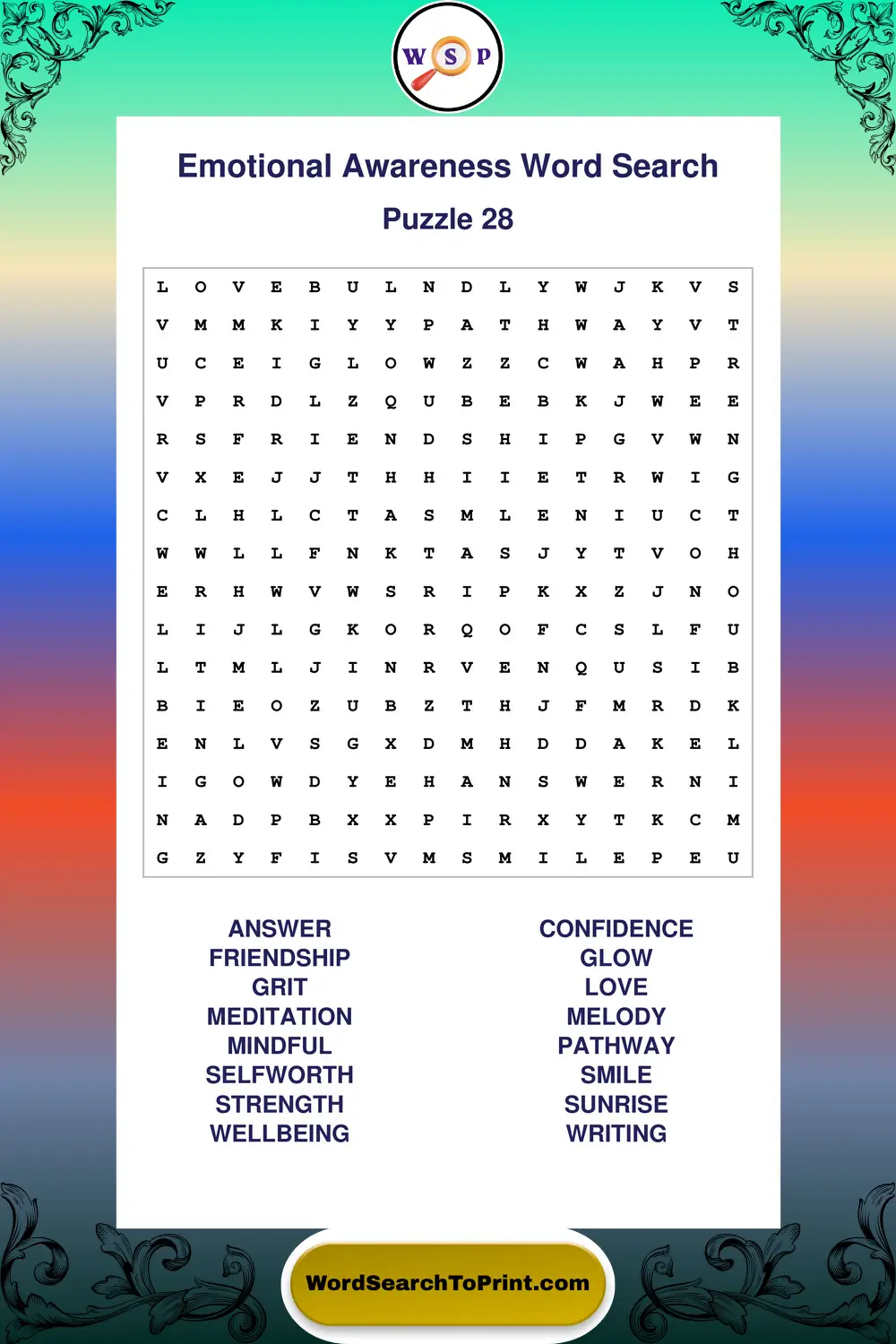 Emotional Awareness Word Search Puzzle 28