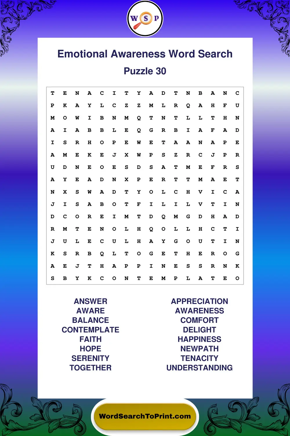 Emotional Awareness Word Search Puzzle 30