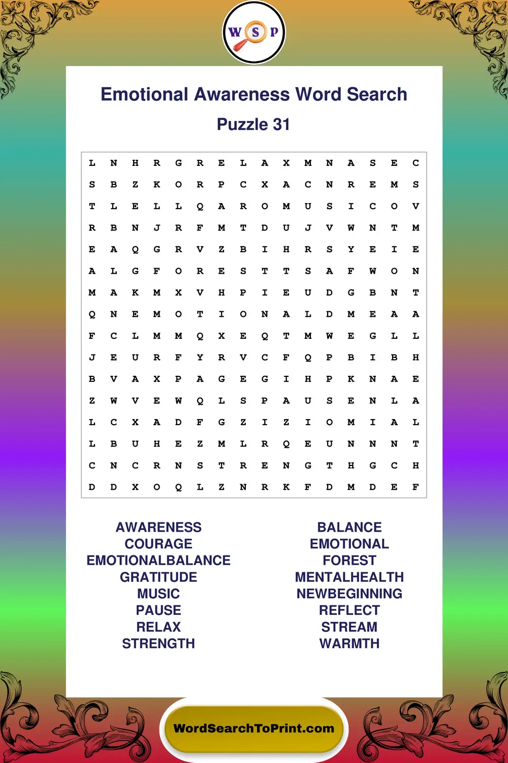 Emotional Awareness Word Search Puzzle 31