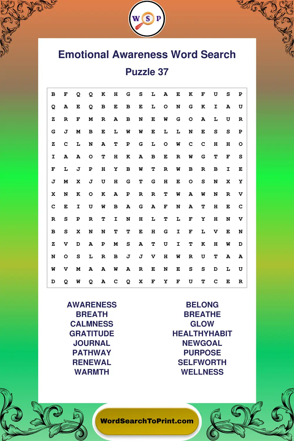 Emotional Awareness Word Search Puzzle 37