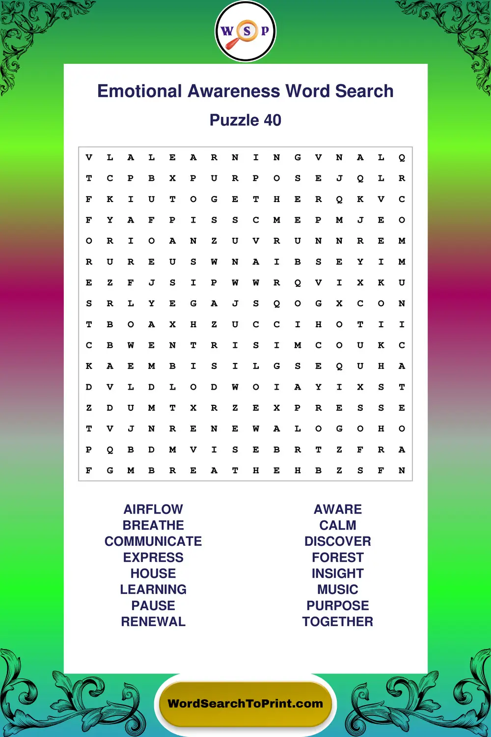 Emotional Awareness Word Search Puzzle 40