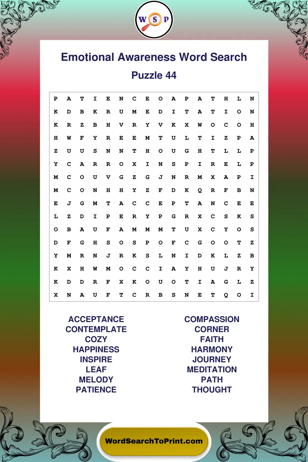 Emotional Awareness Word Search Puzzle 44
